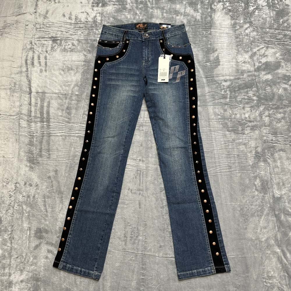New Platinum Plush Embroidered Studded Straight Jeans Womens Size 5 Velvet Blue